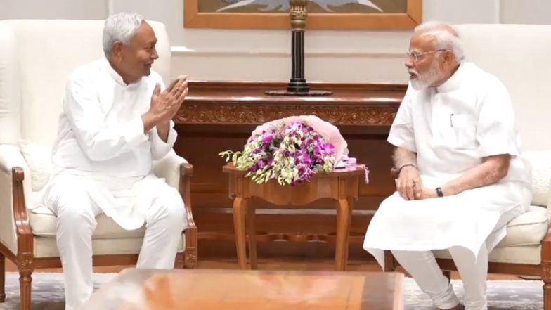 Delhi: Bihar CM Nitish Kumar Meets PM Narendra Modi in National Capital Ahead of Lok Sabha Election Results 2024 (Watch Video)