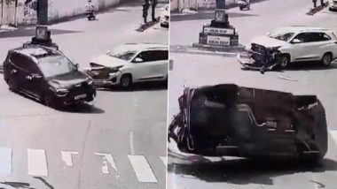 Road Accident Caught on Camera in Hyderabad: Car Jumps Signal, Hits Another Vehicle and Overturns Multiple Times; Video Surfaces