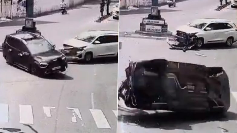 Road Accident Caught on Camera in Hyderabad: Car Jumps Signal, Hits Another Vehicle and Overturns Multiple Times; Video Surfaces