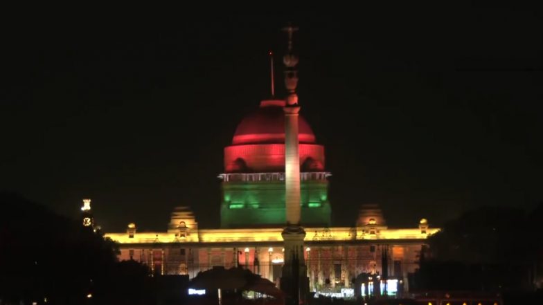 Narendra Modi Swearing-In: Rashtrapati Bhavan Illuminated Ahead of Oath Taking Ceremony of Prime Minister (Watch Video)