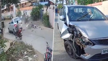 Accident Caught on Camera in Andhra Pradesh: 20-Year-Old Youth Dies After Speeding Car Hits Bike in West Godavari, Video Surfaces