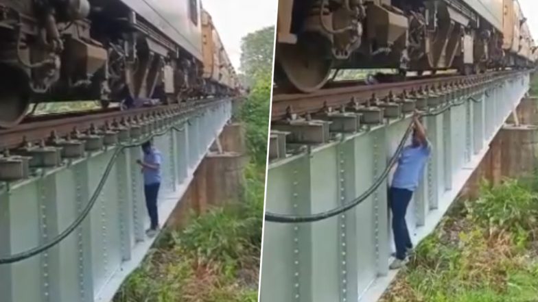 Bihar: Train Engine Breaks Down on Samastipur Bridge After Sudden Air Pressure Leakage, Loco Pilots Risk Life to Repair It (Watch Video)