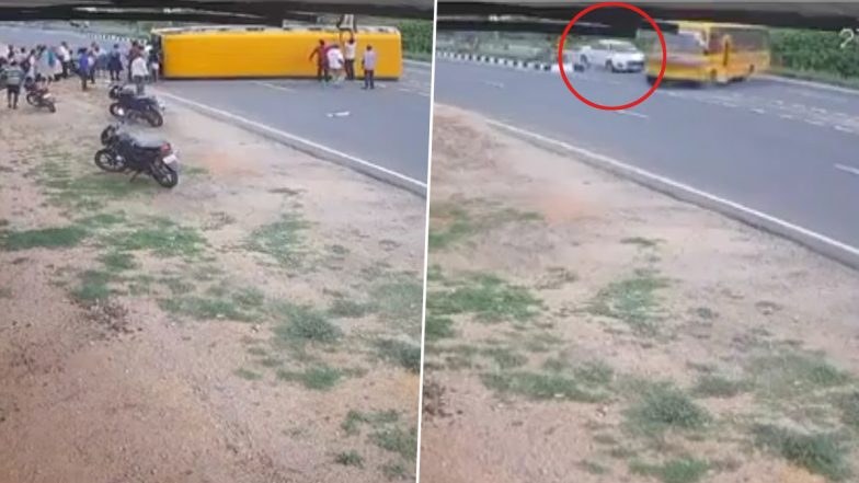 Road Accident Caught on Camera in Telangana: School Bus Overturns After Speeding Car Hits It in Hanamkonda, Several Injured; Video Surfaces