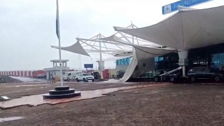 Rajkot Airport Canopy Collapse: Day After Delhi Airport Incident, Portion of Roof at Passenger Pickup and Drop Area Collapses Amid Heavy Rains (Watch Video)