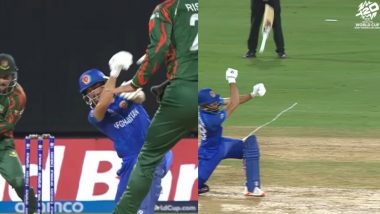 Bat Slips Out of Ibrahim Zadran’s Hand As He Attempts A Shot off Rishad Hossain's Bowling During AFG vs BAN T20 World Cup 2024 Super 8 Match, Videos Go Viral