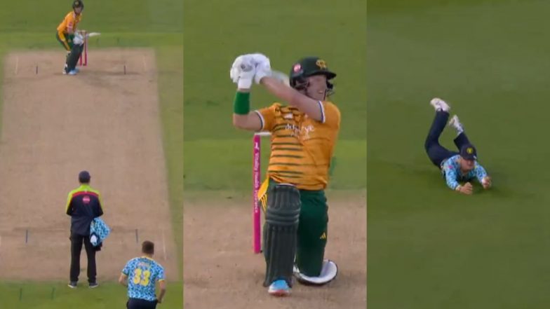 Jacob Bethell Takes Stunning Diving Catch To Dismiss Tom Moores in Nottinghamshire vs Birmingham Bears Vitality T20 Blast Match (Watch Video)