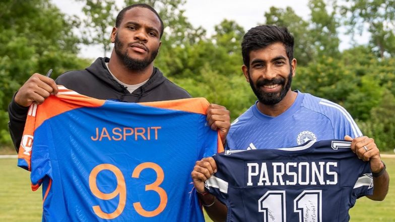 Jasprit Bumrah Meets Dallas Cowboys’ Linebacker Micah Parsons Amidst Ongoing ICC Men’s T20 World Cup 2024, Post Goes Viral