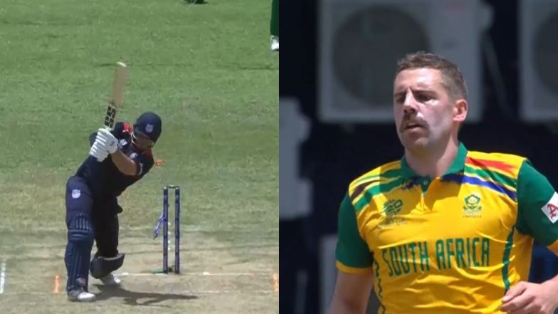 Anrich Nortje Castles Corey Anderson With a Brilliant Yorker During USA vs SA ICC Men’s T20 World Cup 2024 Super 8 Match (Watch Video)