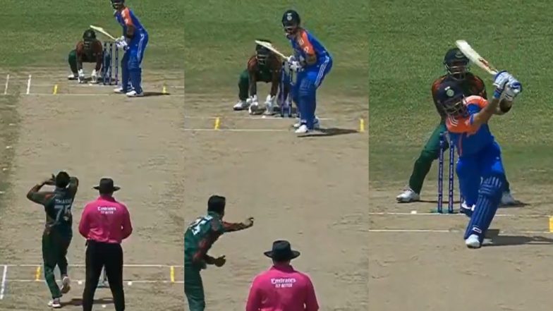 Virat Kohli Smokes Shakib Al Hasan Over Deep Mid-Wicket For A Six With A Slog Sweep During IND vs BAN ICC T20 World Cup 2024 Super 8 Match (Watch Video)