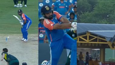 Rohit Sharma Smashes Huge Six Off Pat Cummins Which Lands on Roof of the Stadium During IND vs AUS T20 World Cup 2024 Super 8 Match (Watch Video)