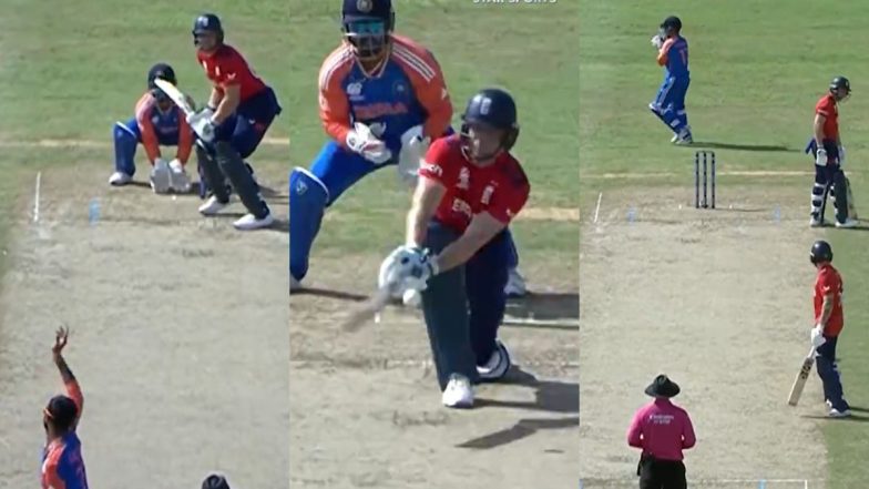 Jos Buttler Wicket Video: Watch Axar Patel Dismiss England Captain With First Ball of His Spell During IND vs ENG ICC T20 World Cup 2024 Semi-Final