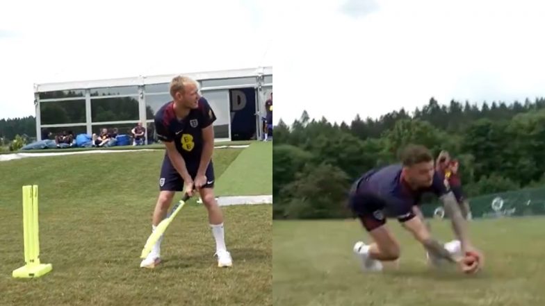 England Footballers Declan Rice, Kieran Trippier, Aaron Ramsdale and Harry Kane Play Cricket Amidst Preparations of UEFA EURO 2024 R16 Clash Against Slovakia (Watch Video)