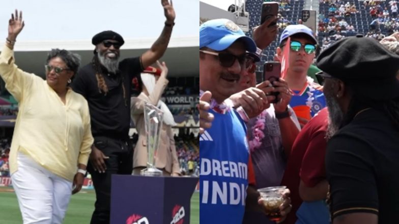 Chris Gayle Carries T20 World Cup Trophy With Barbados Prime Minister Mia Mottley at Kensington Oval Ahead of IND vs SA Final (Watch Video)