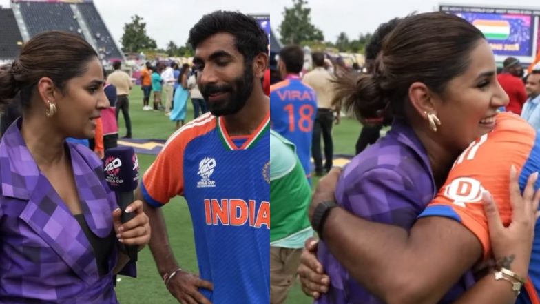 Jasprit Bumrah Hugs Wife Sanjana Ganesan Post Interview After India's T20 World Cup 2024 Title Win, Video Goes Viral