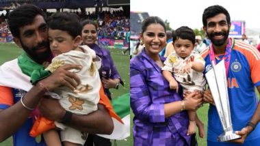 Jasprit Bumrah Shares Adorable Moment With Wife Sanjana Ganesan and Son Angad As India Pacer Celebrates T20 World Cup 2024 Title Triumph (Watch Video)