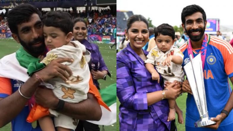 Jasprit Bumrah Shares Adorable Moment With Wife Sanjana Ganesan and Son Angad As India Pacer Celebrates T20 World Cup 2024 Title Triumph (Watch Video)