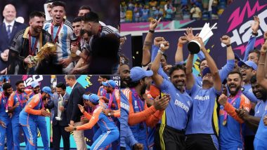 FIFA Draws Similarities Between Rohit Sharma Receiving T20 World Cup 2024 Title and Lionel Messi Celebrating With 2022 World Cup Trophy (See Pic)