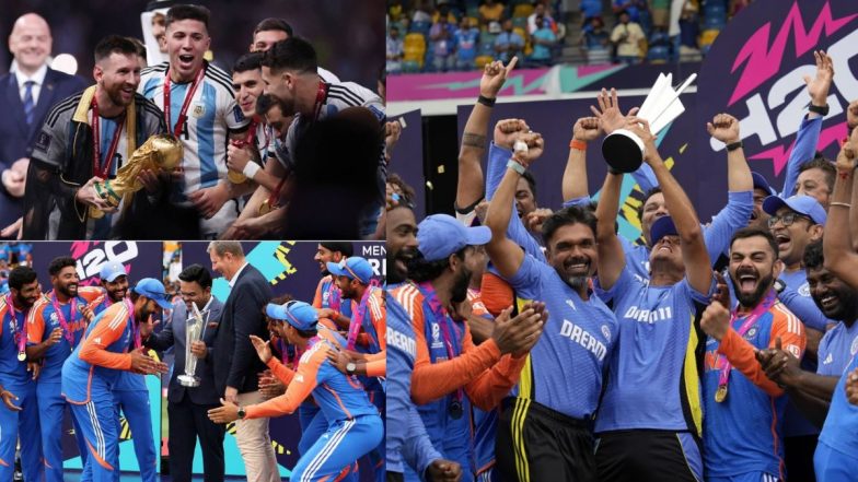 FIFA Draws Similarities Between Rohit Sharma Receiving T20 World Cup 2024 Title and Lionel Messi Celebrating With 2022 World Cup Trophy (See Pic)