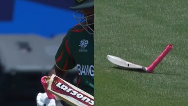 Bangladesh's Jaker Ali Breaks His Bat After Facing Ottneil Baartman’s Bouncer During SA vs BAN ICC T20 World Cup 2024 Match, Video Goes Viral