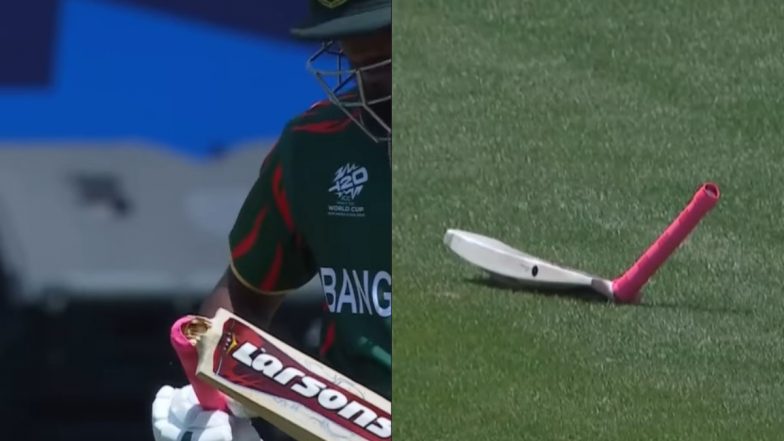 Bangladesh's Jaker Ali Breaks His Bat After Facing Ottneil Baartman’s Bouncer During SA vs BAN ICC T20 World Cup 2024 Match, Video Goes Viral