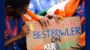 Mohammed Siraj Gifts Jasprit Bumrah Placard Reading 'Best Bowler in Land, Air and Water' Following India's ICC T20 World Cup 2024 Title Victory (Watch Video)