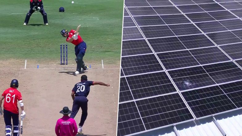 Jos Buttler Hits Massive 104m Six to Saurabh Netravalkar During USA vs ENG ICC T20 World Cup 2024, Damages Solar Panels On Roof (Watch Video)