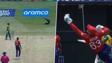 Jos Buttler Takes Stunning Diving Catch to Dismiss Quinton de Kock During ENG vs SA ICC T20 World Cup 2024 Super 8 Match (Watch Video)