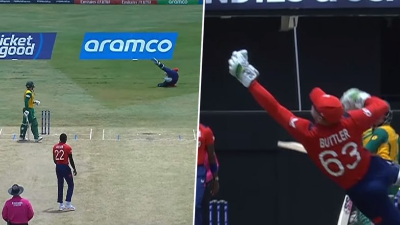 Jos Buttler Takes Stunning Diving Catch to Dismiss Quinton de Kock During ENG vs SA ICC T20 World Cup 2024 Super 8 Match (Watch Video)