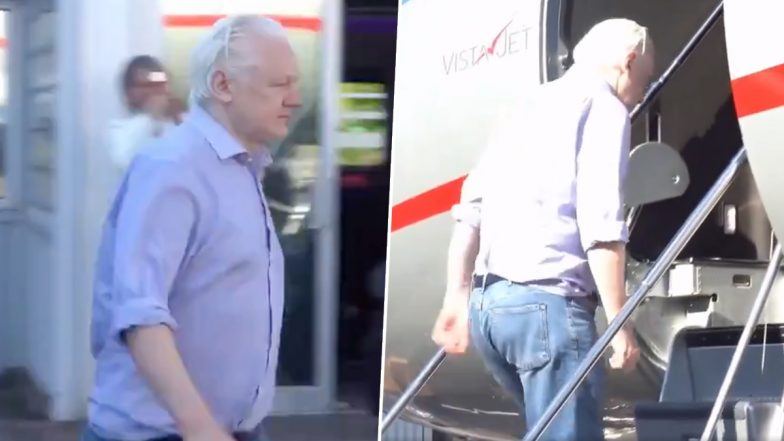 WikiLeaks Founder Julian Assange Boards Plane in UK After Being Released From Prison, To Plead Guilty in Deal With US (Watch Video)