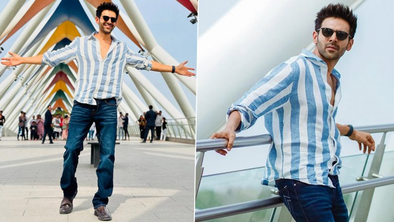 Kartik Aaryan Keeps It Cool and Casual in Blue and White Striped Shirt and Jeans for Chandu Champion Film Productions (View Pics)