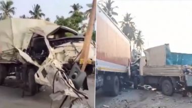 Andhra Pradesh Road Accident: Six People Killed in Collision Between Container and Mini Truck in Krishna District (Watch Video)