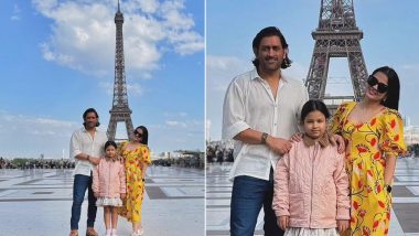 MS Dhoni Poses in Front of Eiffel Tower With Wife Sakshi, Daughter Ziva for a Lovely Family Picture!