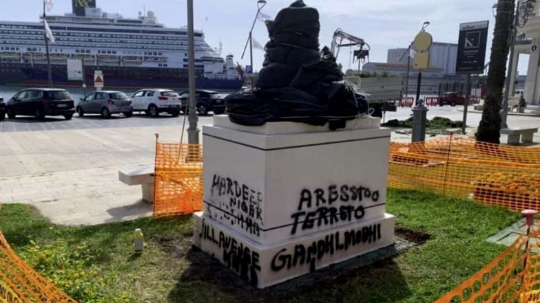 Mahatma Gandhi Statue Vandalised: Pro-Khalistan People Vandalise Bust of 'Bapu' in Italy, Make Hardeep Singh Nijjar's Graffiti Ahead of PM Narendra Modi's Visit for G7 Summit (See Pics)