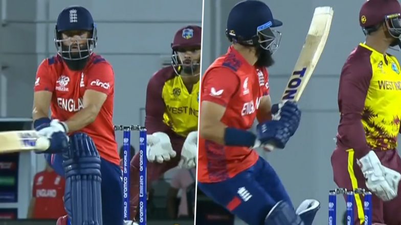 Moeen Ali Hits a Boundary with Back of His Bat During ENG vs WI ICC T20 World Cup 2024 Match (Watch Video)