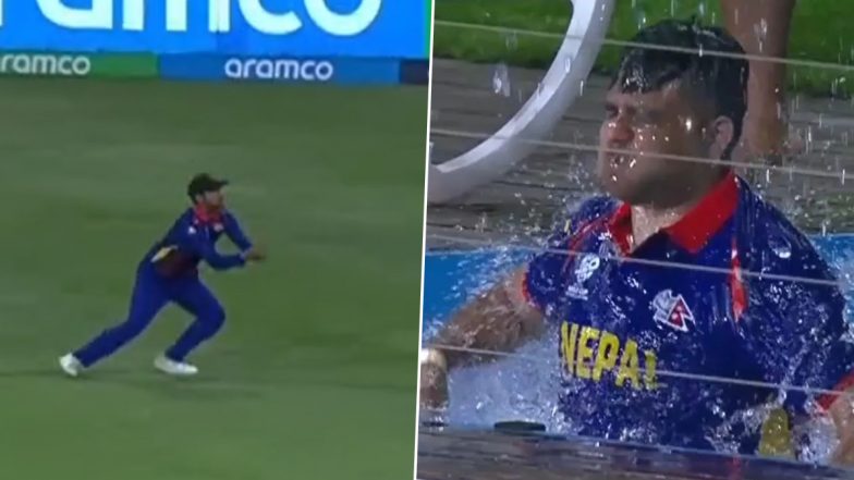 Excited Nepal Fan Jumps in Swimming Pool to Celebrate as Rohit Paudel Dismisses Towhid Hridoy During BAN vs NEP ICC T20 World Cup 2024, Video Goes Viral