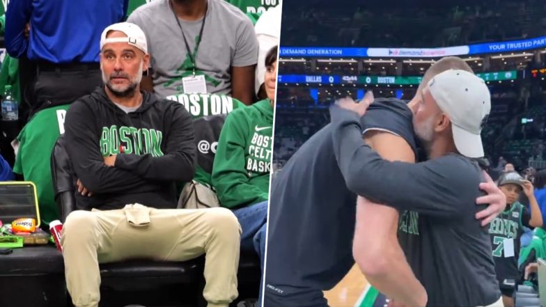 Pep Guardiola Visits TD Garden in Boston to Support Boston Celtics in Game 1 Of NBA Finals Against Dallas Mavericks, Meets Kristaps Porzingis (Watch Video)