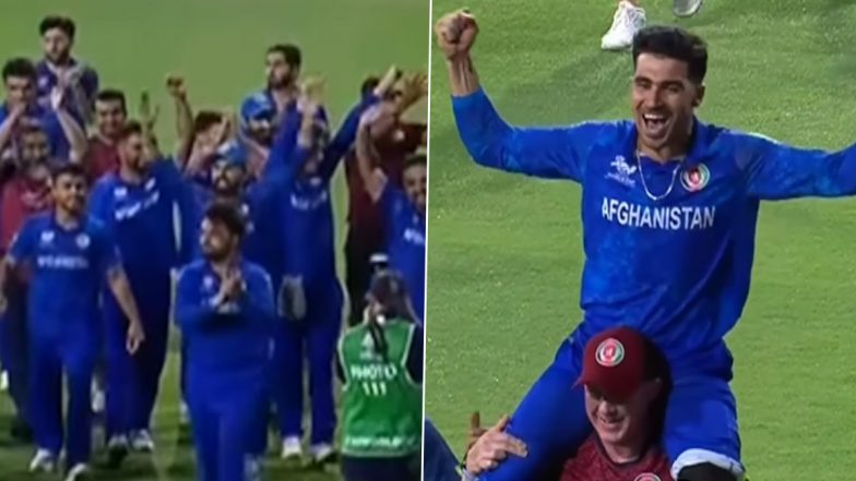 Rahmanullah Gurbaz Lifted on Shoulder by Support Staff Member As Afghanistan Team Celebrates After Qualifying for ICC T20 World Cup 2024 Semifinals (Watch Video)