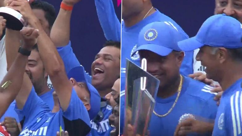 Rahul Dravid Lifts T20 World Cup 2024 Trophy in Hand, Shouts Loud in Celebration As India Win T20 WC Title For the Second Time (Watch Video)