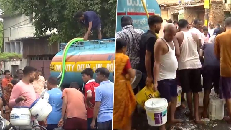 Water War in Delhi: People Queue Up Near Water Tanker To Fill Water in Okhla's Sanjay Colony As National Capital Continues To Face Water Crisis (Watch Video)