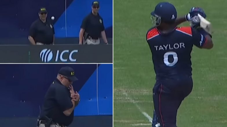 Steven Taylor’s Six Hits Security Personnel Inside Nassau County International Cricket Stadium During IND vs USA ICC T20 World Cup 2024 Match (Watch Video)