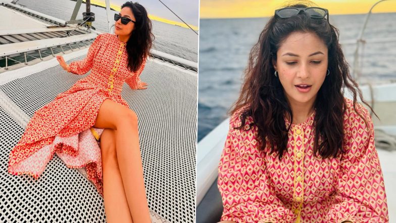 Shehnaaz Gill Sails in Style, Sets Major Vacation Fashion Goals in Stunning Red Maxi Dress While Holidaying on a Yacht! (View Pics)