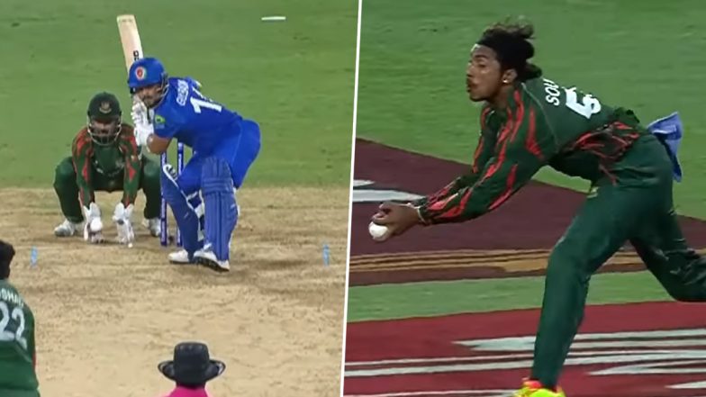 Soumya Sarkar Grabs a Stunning Catch Running Forward To Dismiss Gulbadin Naib During AFG vs BAN ICC T20 World Cup 2024 Super 8 Match (Watch Video)