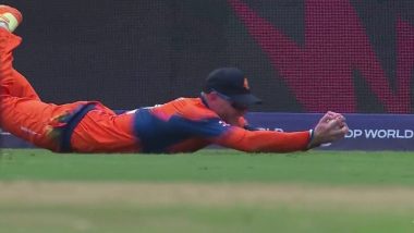 Sybrand Engelbrecht Takes Impressive Diving Catch To Help Aryan Dutt Dismiss Litton Das During BAN vs NED T20 World Cup 2024 Match (Watch Video)