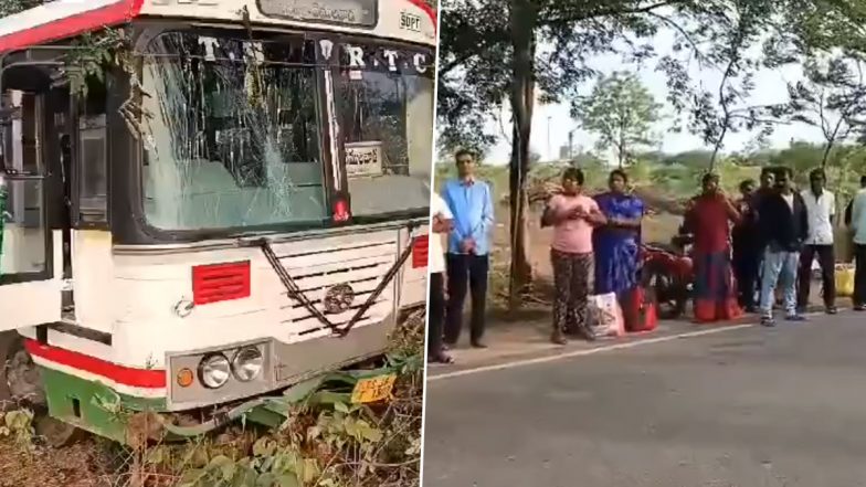 Telangana: Major Road Accident Averted As TGSRTC Bus With 35 Passengers Loses Control and Rams Into Bushes in Sircilla District (Watch Videos)