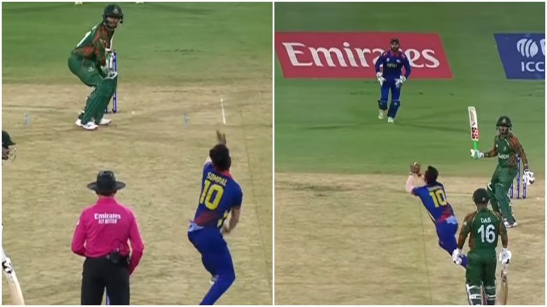 Sompal Kami Takes a Stunning Catch On Very First Ball of Match to Dismiss Tanzid Hasan During BAN vs NEP ICC T20 World Cup 2024 Clash (Watch Video)