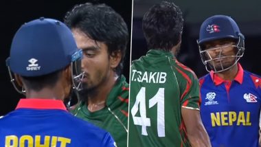 Tanzim Hasan Sakib and Rohit Paudel Engage in Heated Argument During BAN vs NEP ICC T20 World Cup 2024 Match, Video Goes Viral