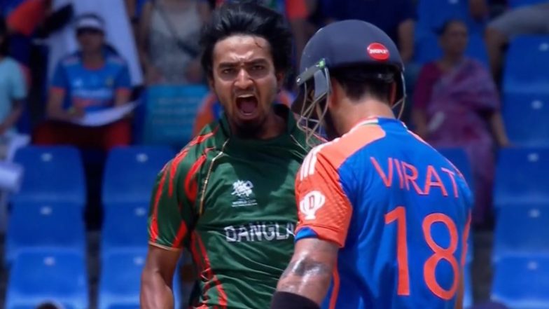 Tanzim Hasan Sakib Gives Aggressive Stare As Send-Off to Virat Kohli After Dismissing Him During IND vs BAN ICC T20 World Cup 2024 Super 8 Match (Watch Video)