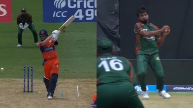 Tanzim Hasan Sakib Takes Splendid Return Catch To Dismiss Max O’Dowd During BAN vs NED ICC T20 World Cup 2024 Match (Watch Video)