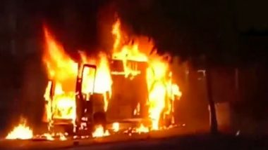 Madhya Pradesh Fire: Blaze Erupts in Parked Ambulance at Jabalpur, No Casualty Reported (Watch Video)