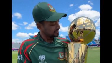 Bangladesh Captain Najmul Hossain Shanto Reacts on Lifting NBA Championship Trophy at Nassau County International Cricket Stadium Ahead of IND vs BAN Warm-Up Match